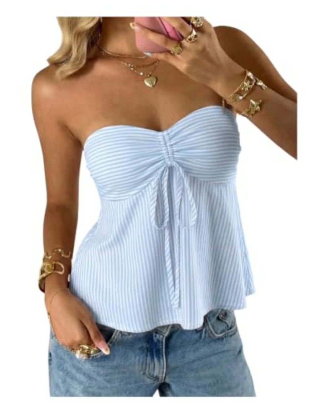 Striped Strapless Tube Top Ruched Flowy Peplum Sleeveless Summer
